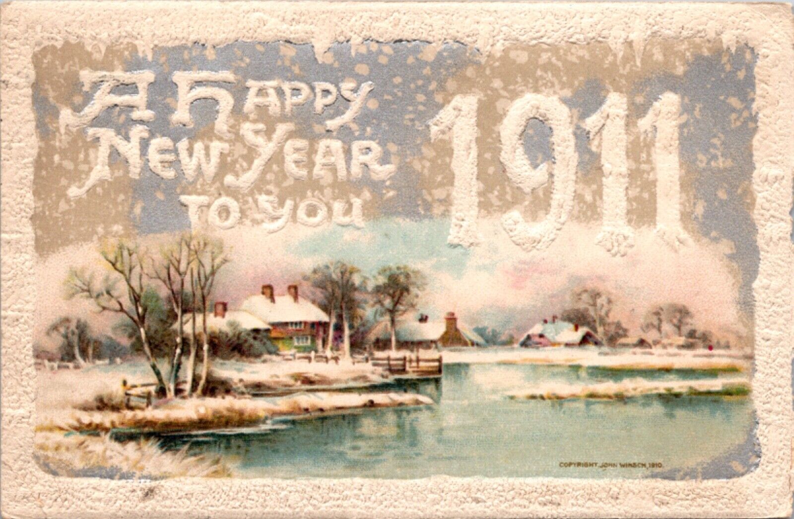 1910 John Winsch 1911 Happy New Year Postcard Snow Covered Pond Country Scene