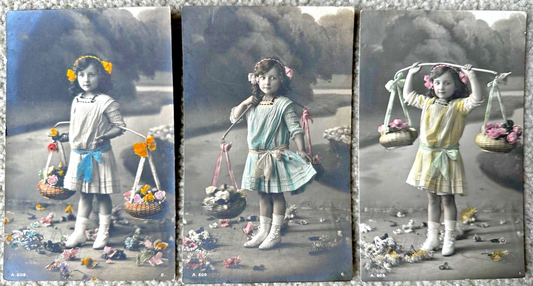 3 Hand Colored Real Photo Postcards Young Girl with Baskets of Flowers