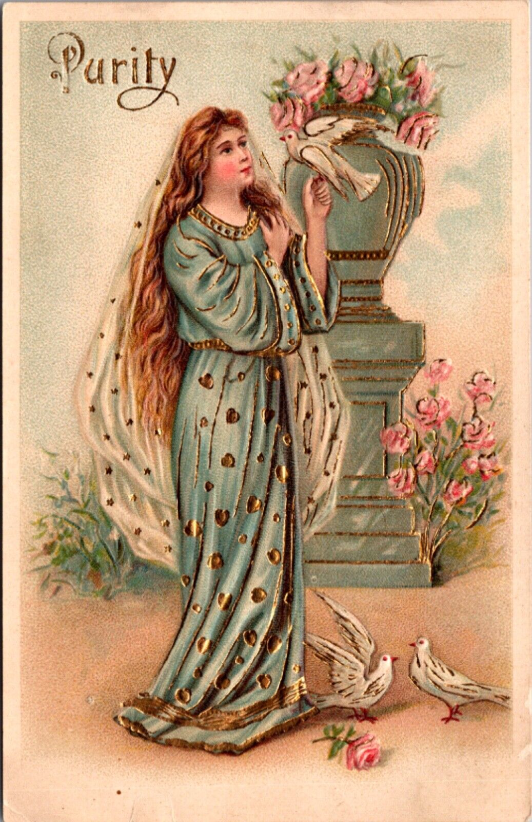 Artwork Postcard Purity Religious Woman Holding White Dove Roses