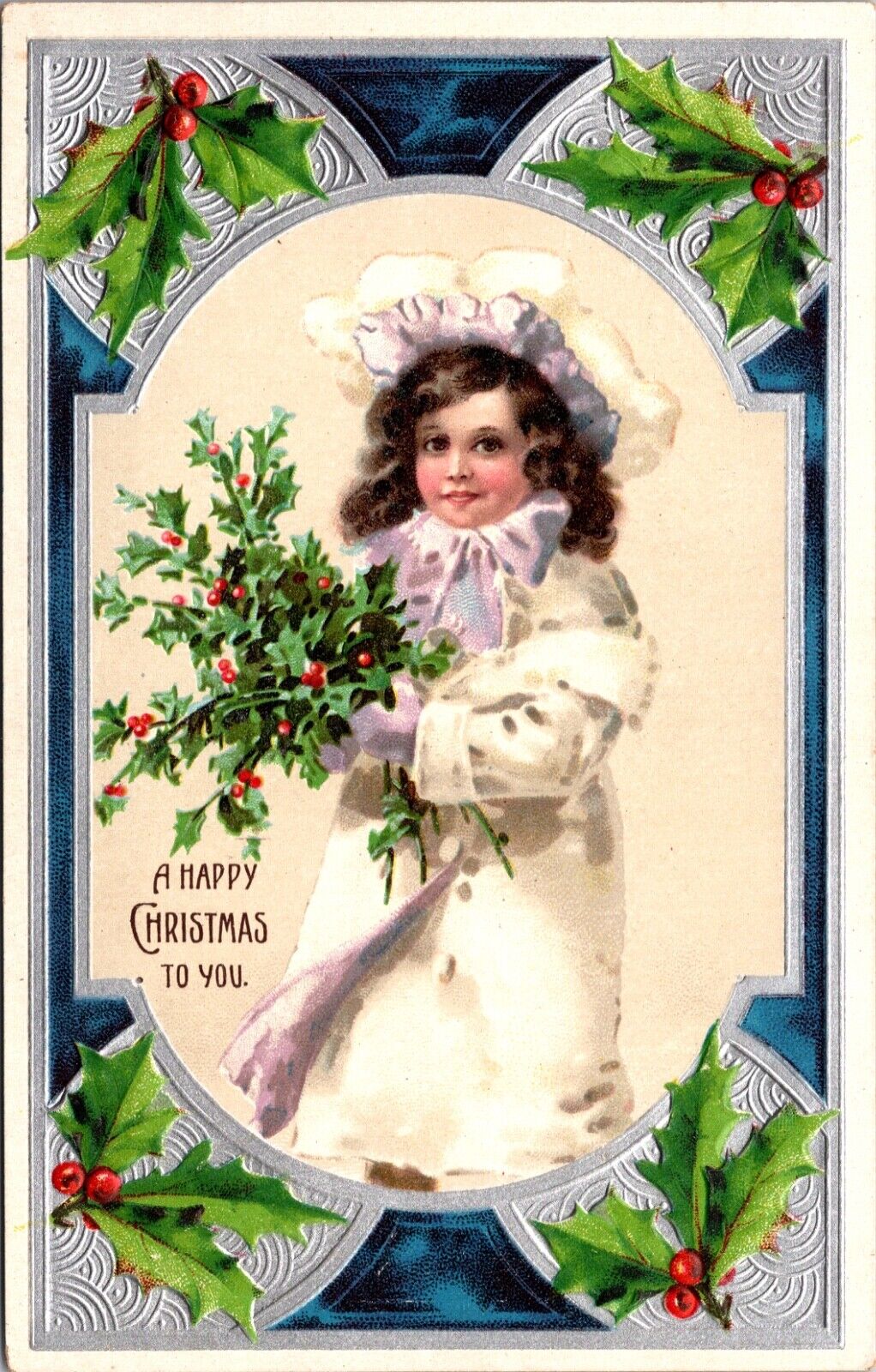 Christmas Postcard Little Girl Holding a Bunch of Holly