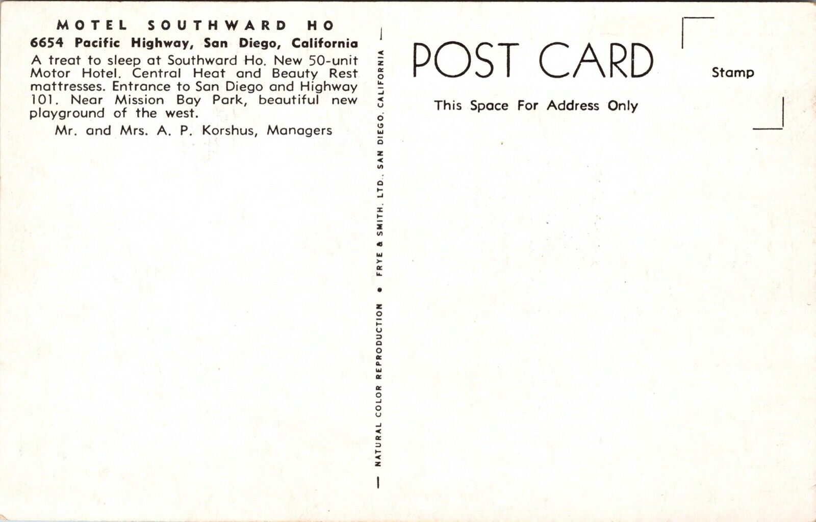 Two Postcards Motel Southward Ho in San Diego, California~133072