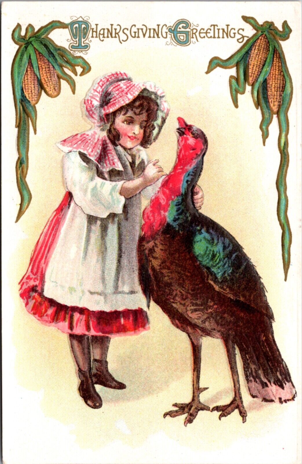 Thanksgiving Greetings Postcard Little Girl with Turkey, Corn Borders