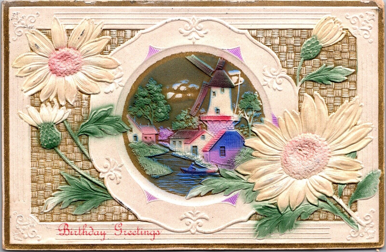 Airbrushed Birthday Greetings Postcard Village Scene, Windmill, Daisy Flowers