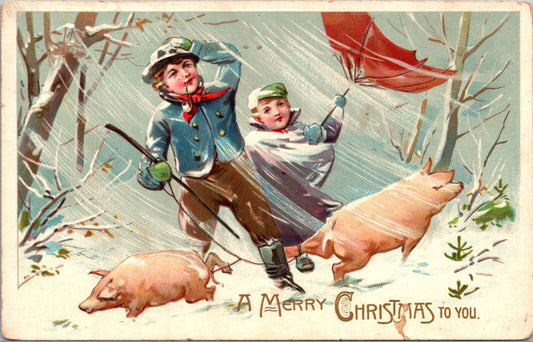 Christmas Postcard Two Children and Two Pigs Umbrella Snowstorm