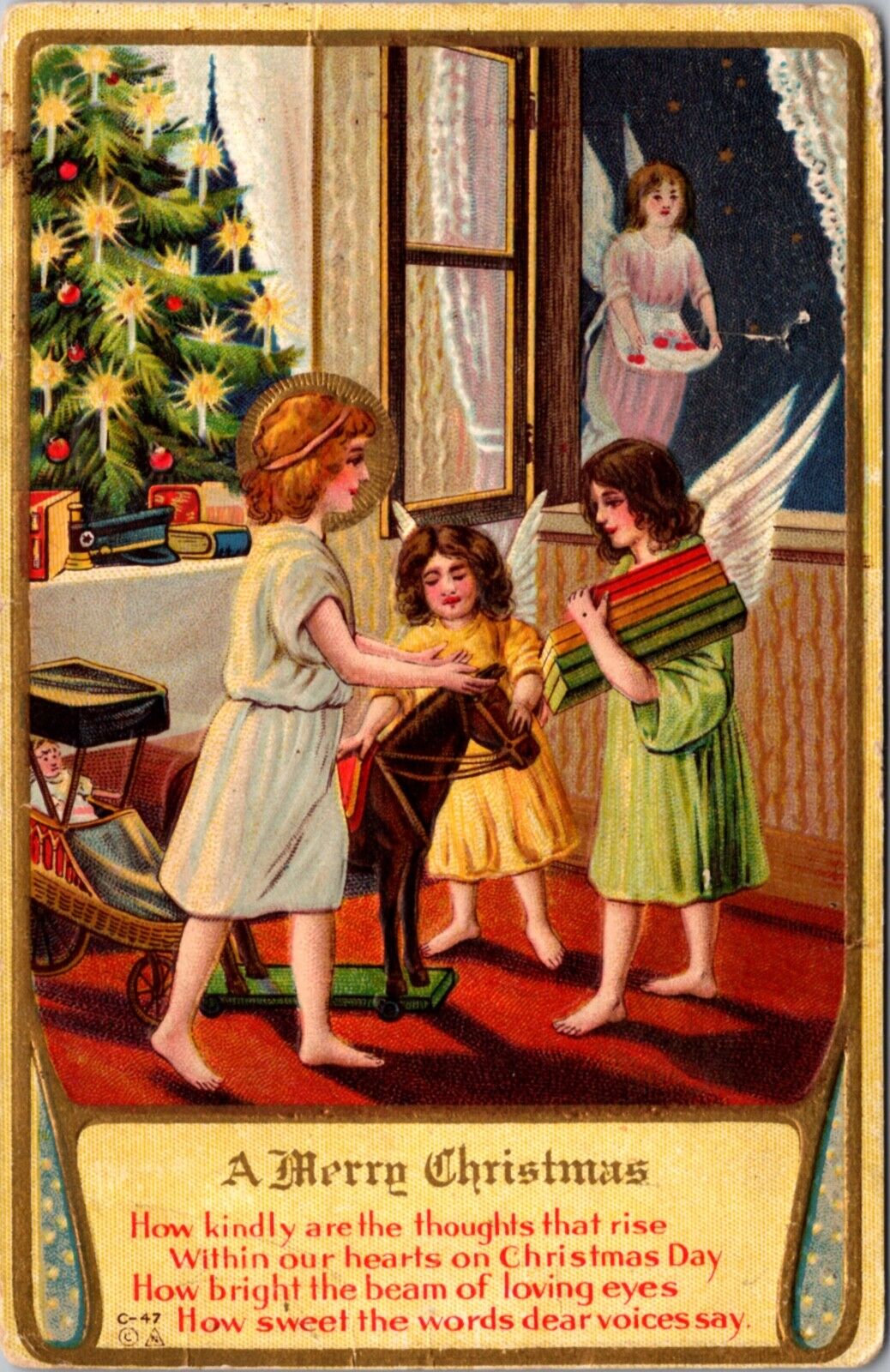 Christmas Postcard Angels Delivering Delivering Gifts Through Window