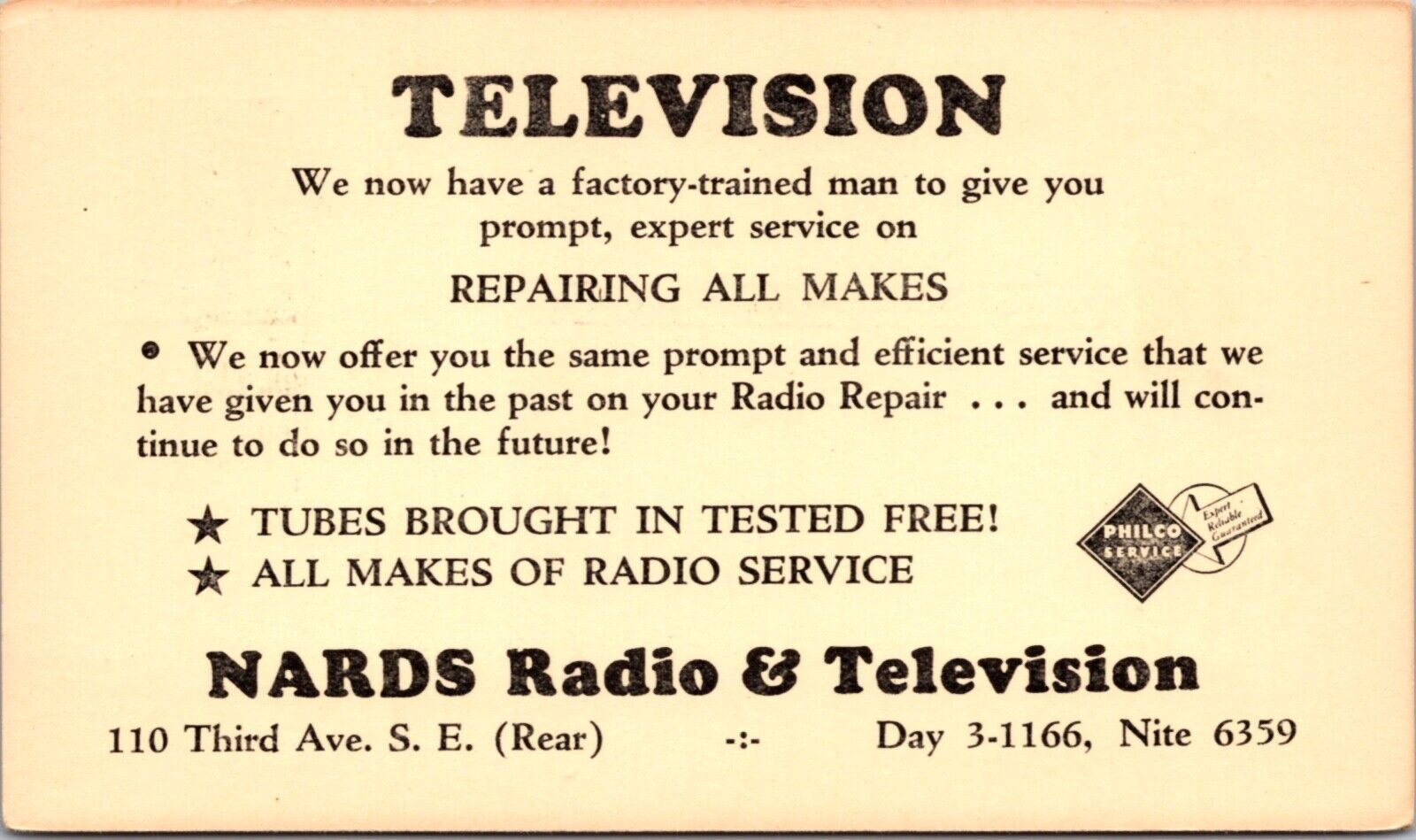 Advertising Postcard Nards Radio & Television Repair Service 110 Third Avenue SE