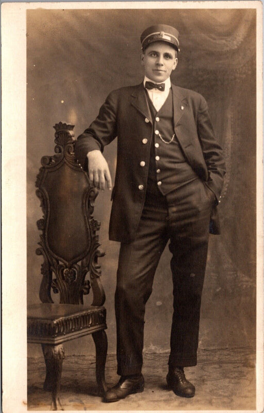 Real Photo Studio Postcard Portrait Railroad Brakeman Wearing Uniform