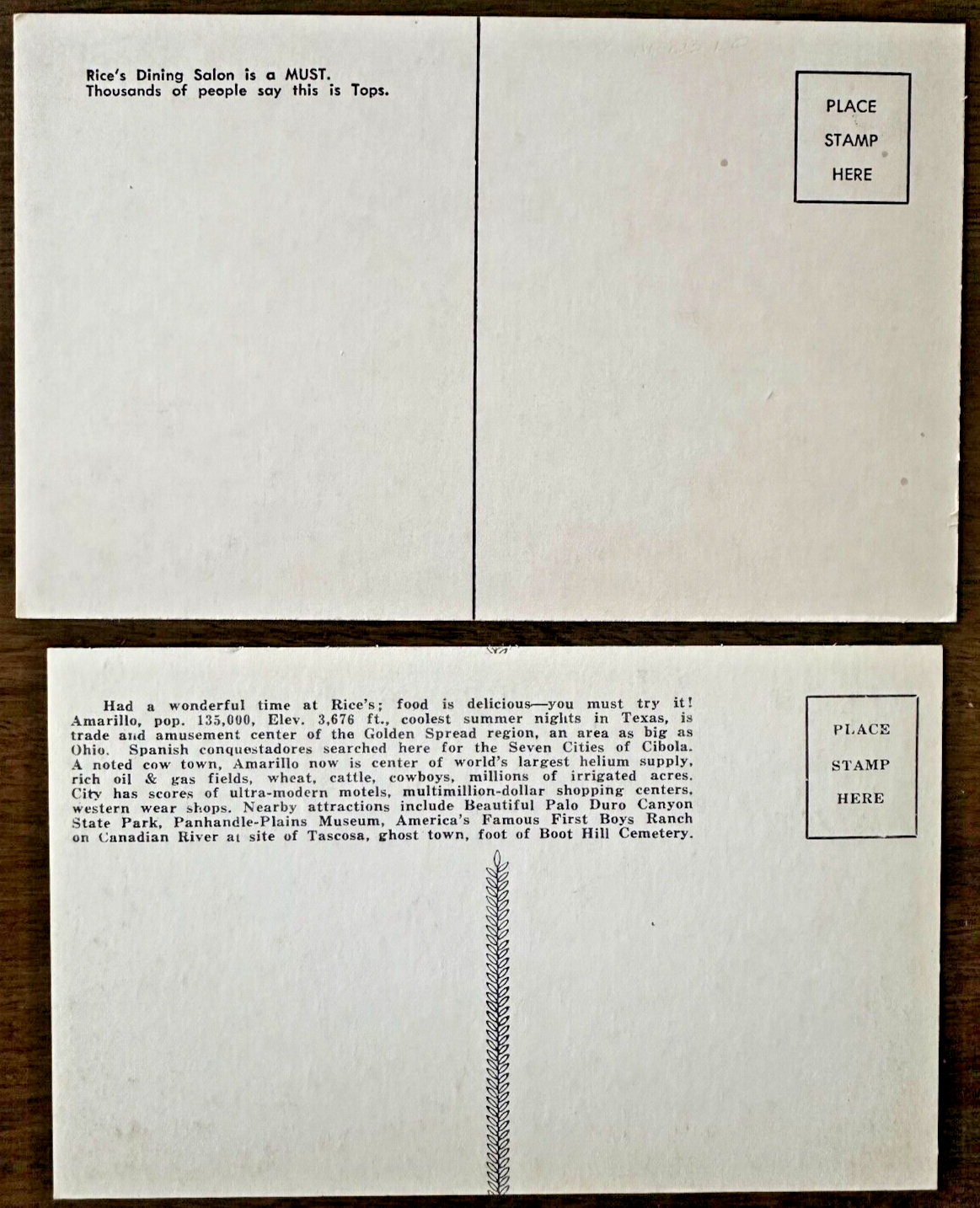 Two Postcards Caricature Map Rice's Dining Salon Route 66 Amarillo, Texas