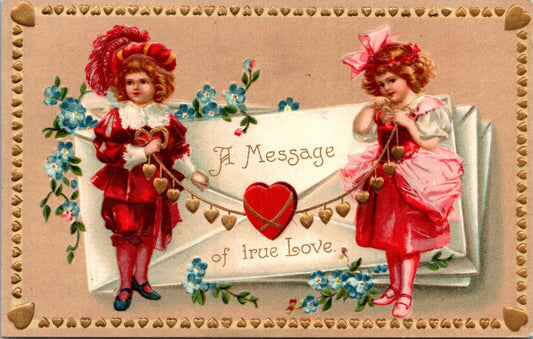 Valentine Postcard Boy and Girl A Message of True Love Hearts Envelope Flowers