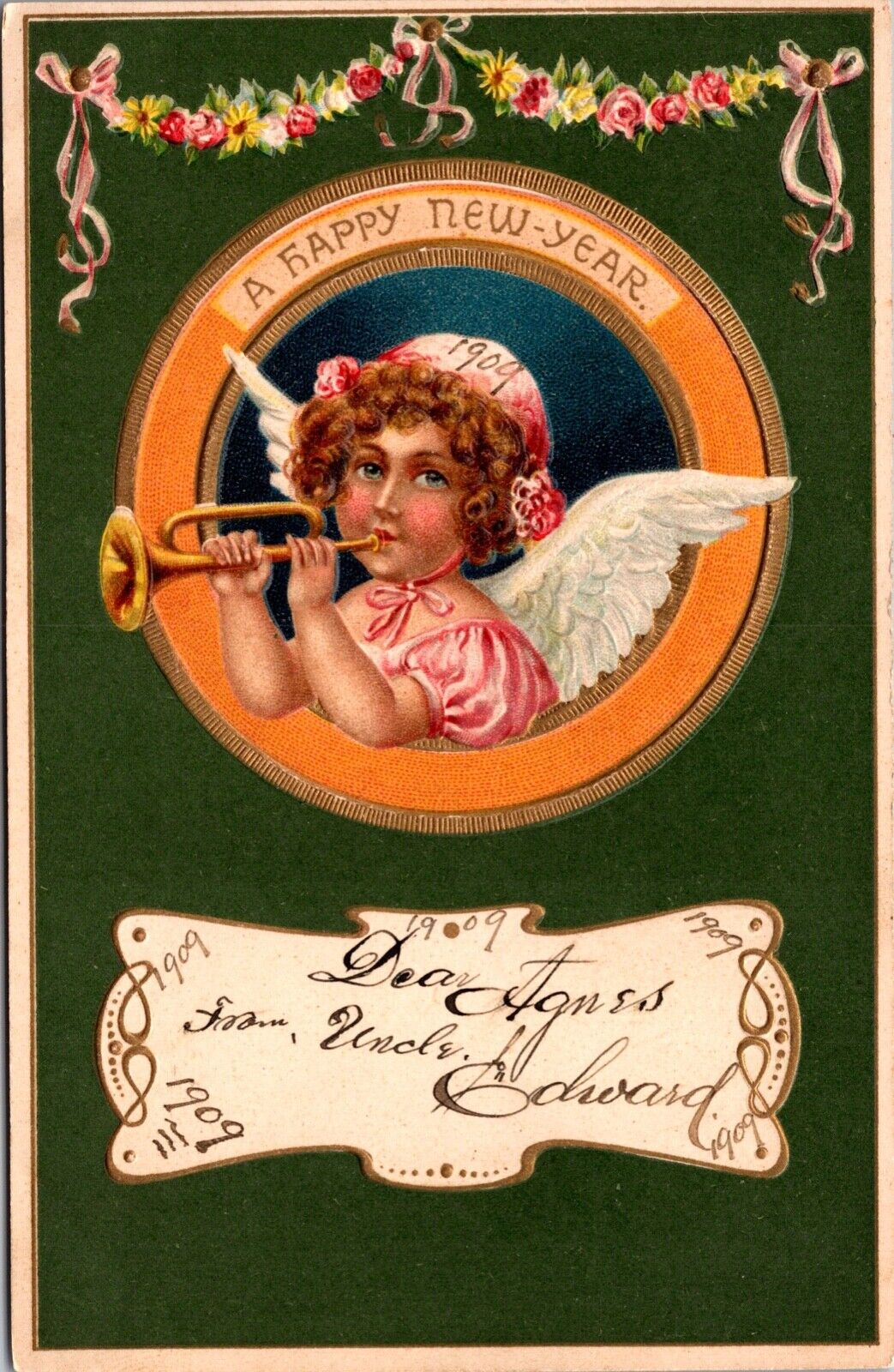 1909 New Year Postcard Angel Blowing a Horn Flowers~2825