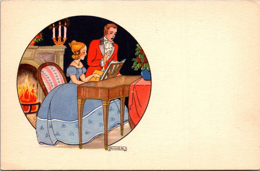 Anker artwork Christmas Postcard Victorian Couple Playing Piano Singing Music