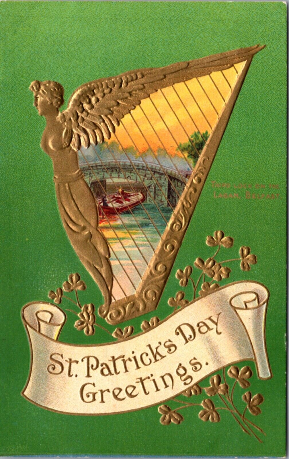 St. Patrick's Day PC Celtic Harp Third Lock on the Lagan, Belfast Gold Shamrocks