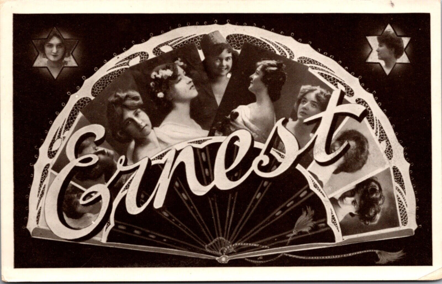 RPPC Large Letter Greetings of the Name Ernest Women's Faces Folding Fan