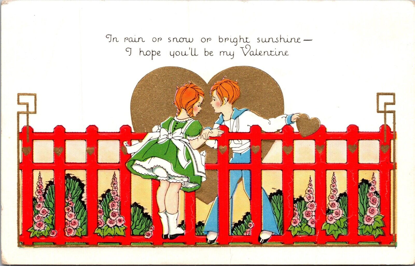 Valentine Postcard Boy and Girl with Gold Hearts Red Fence Between Them