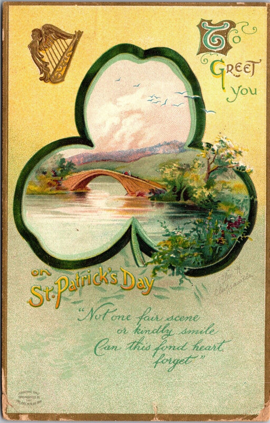 Clapsaddle St. Patricks Day Postcard Giant Clover Countryside Scene Bridge