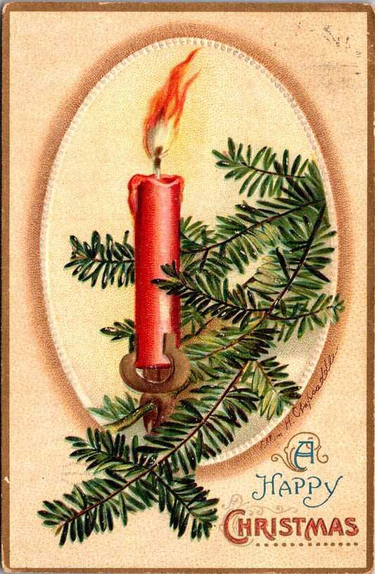 Clapsaddle artwork Postcard Lit Candle Stick on Pine Tree Branch