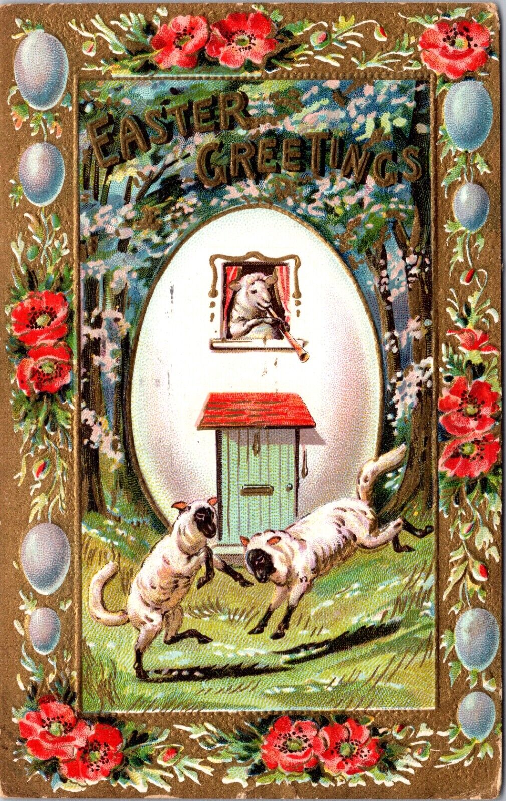 Easter Postcard Sheep Inside Egg House Playing Music in Forest