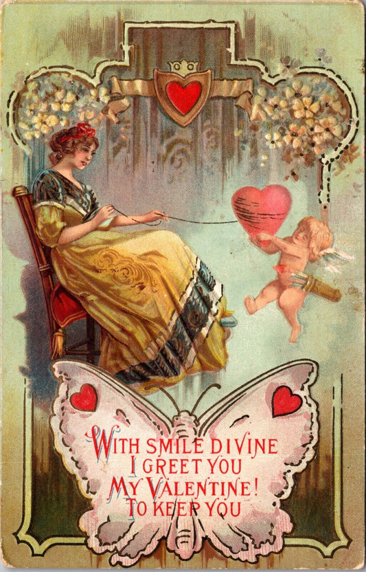 Valentine Postcard Woman Pulling Heart on String From Cupid Cherub Butterfly