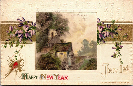 1911 John Winsch Postcard New Year Country House Scene