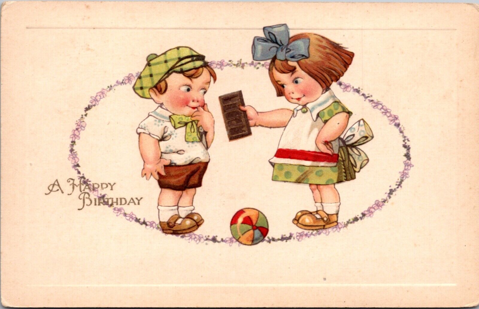 Birthday Postcard Little Girl Giving a Young Boy a Chocolate Bar