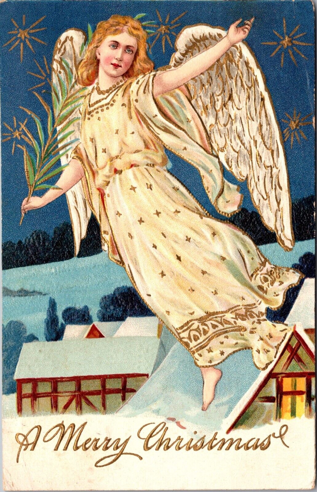 Christmas Postcard Angel Flying Over Snowy Roof Tops