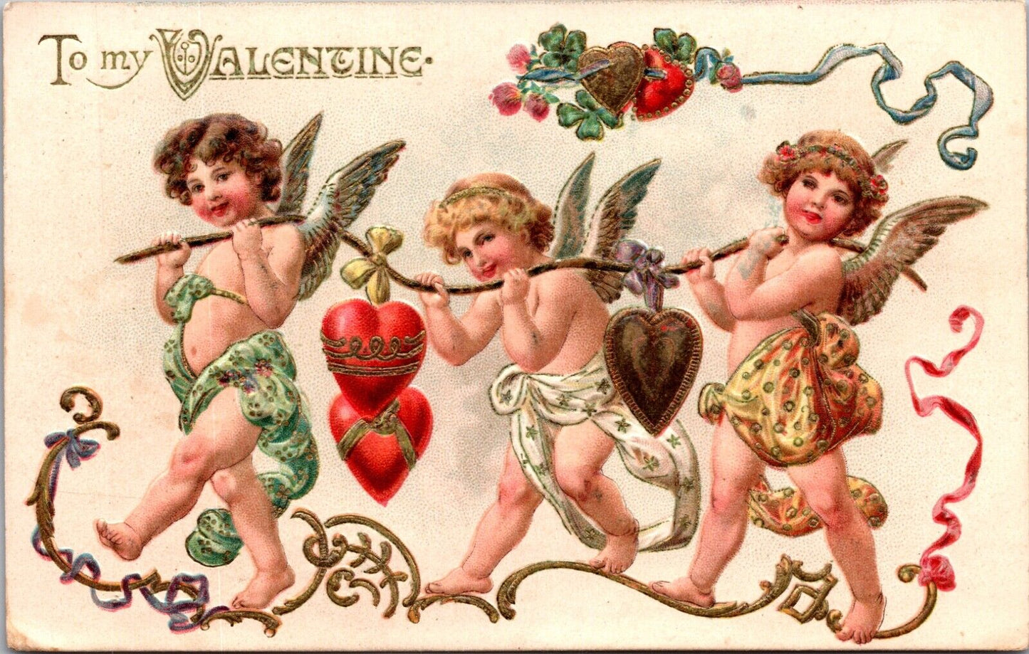 Valentine Postcard Cherub Cupids Carrying Red and Gold Hearts on a Branch