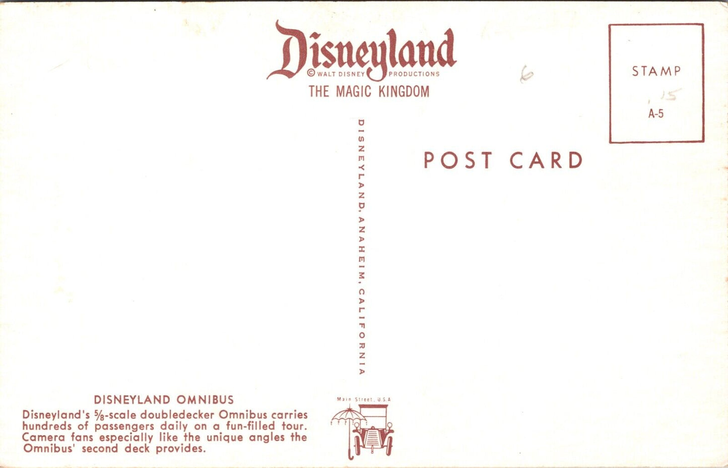 Disneyland Postcard Omnibus Double Decker Bus Automobile on Main Street