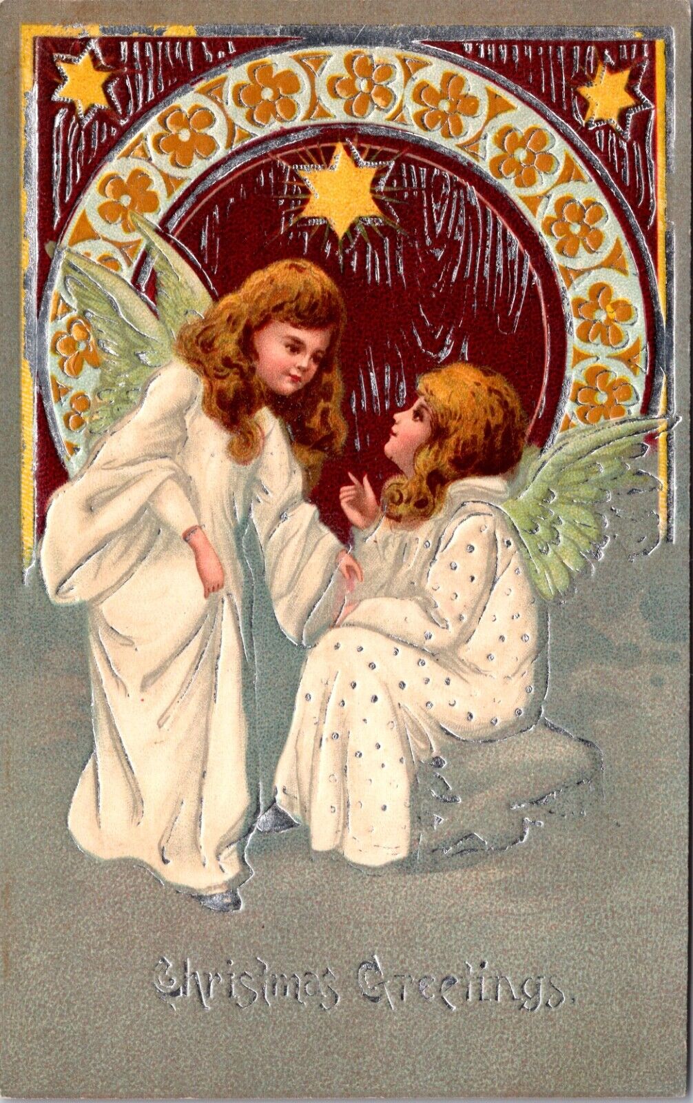 Christmas Greetings Postcard Two Angel Girls