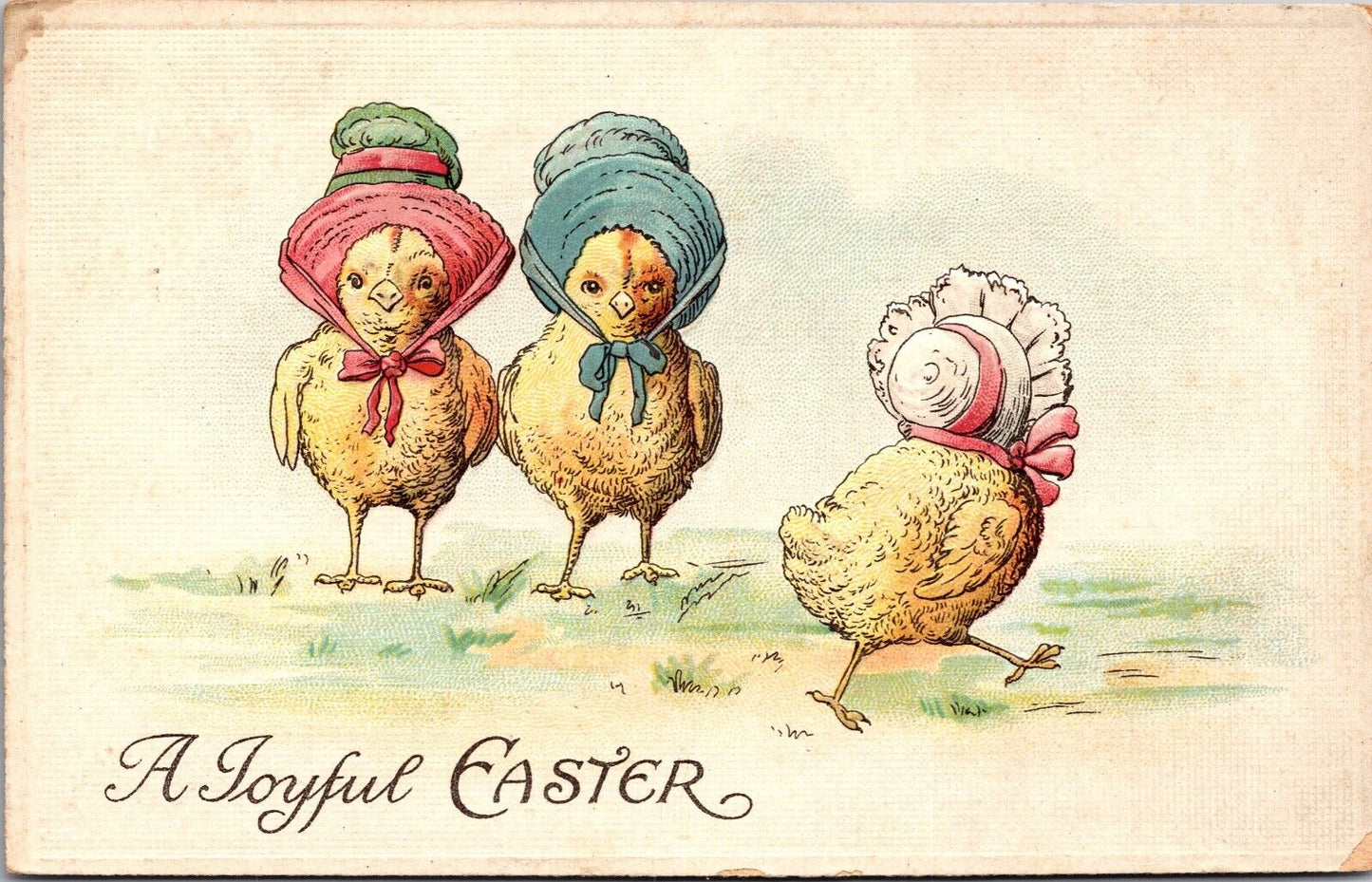 Easter Postcard Three Chicks Wearing Bonnets