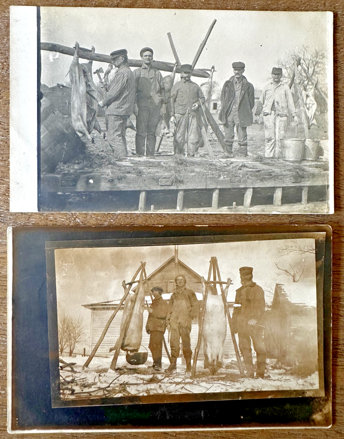 Two Real Photo Postcards Military Men Posing on Donkey Pulled Cart