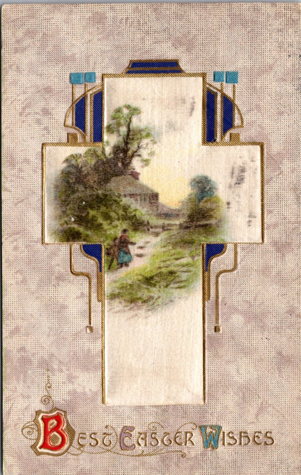 Silk Easter Postcard Cross with a Scene of People Walking Through Countryside