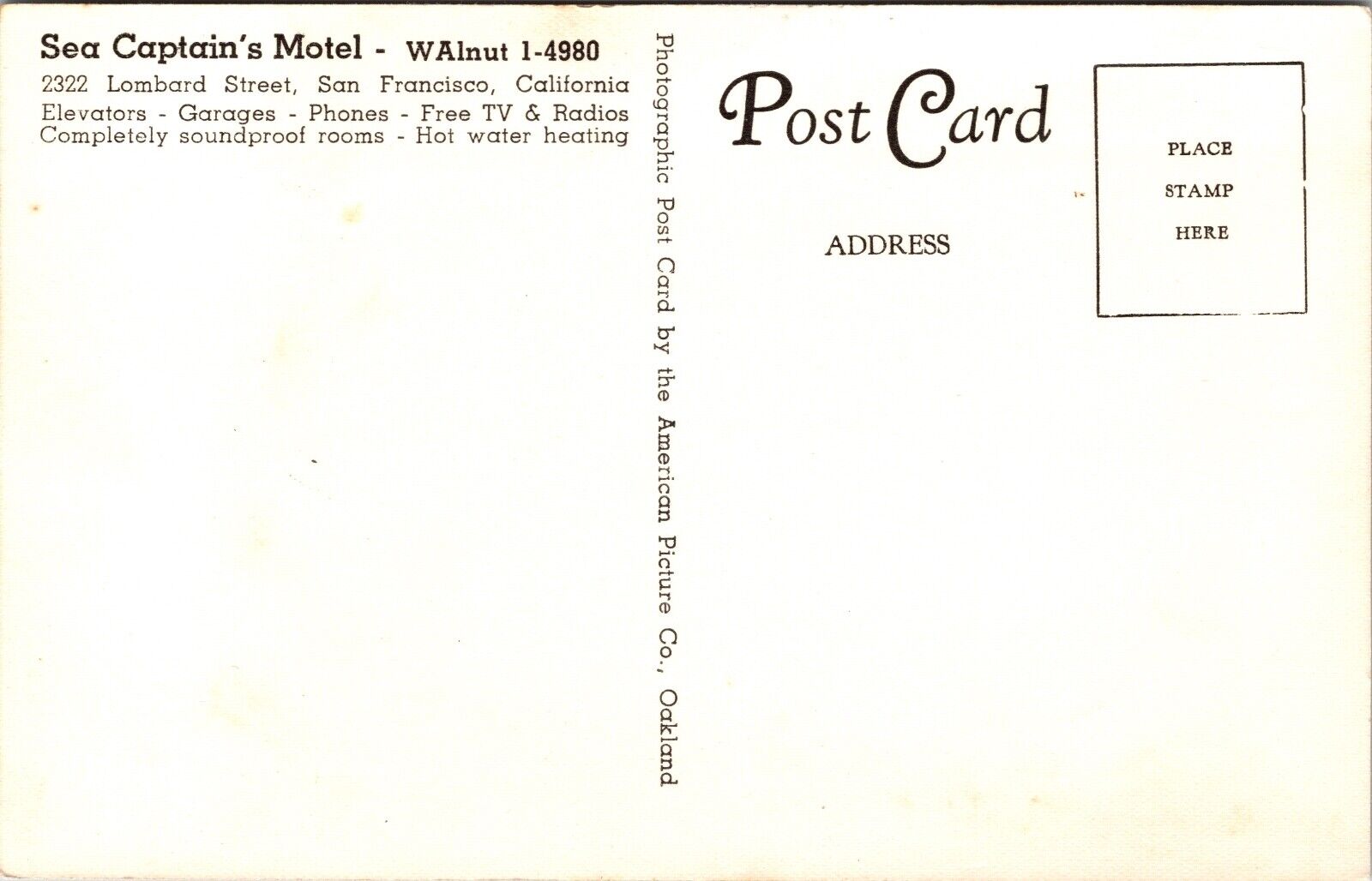 RPPC Sea Captains Motel U.S. 101 2322 Lombard Street San Francisco California