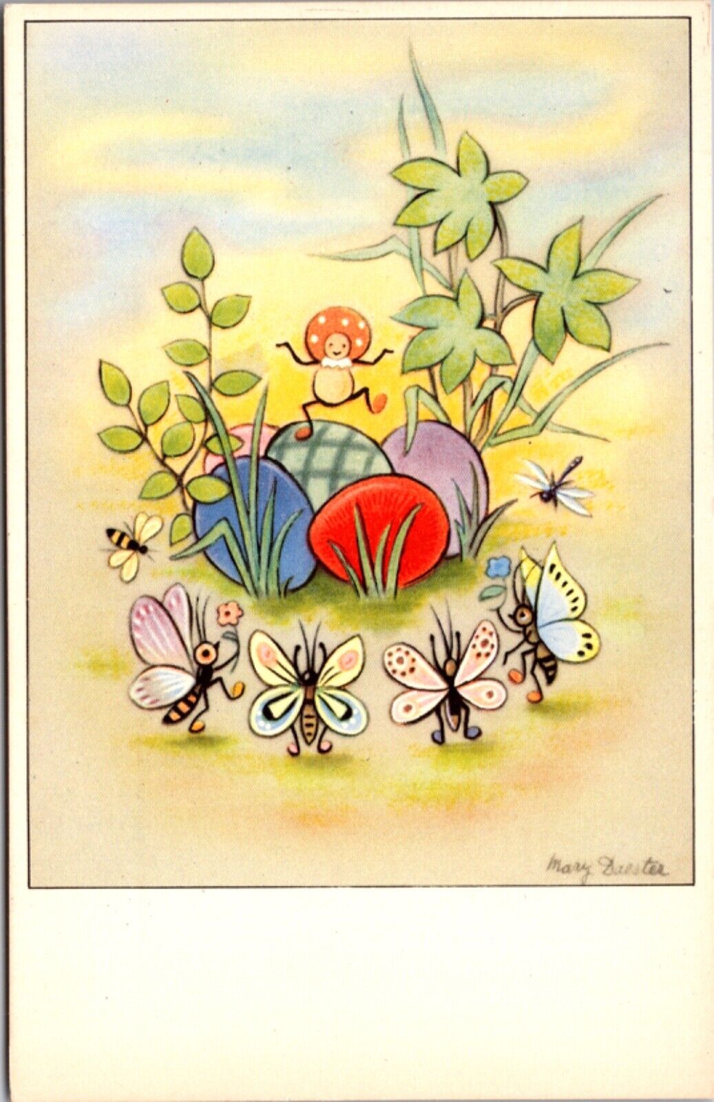 Easter Postcard Bug Butterflies Bee Firefly Find Colored Eggs in the Grass