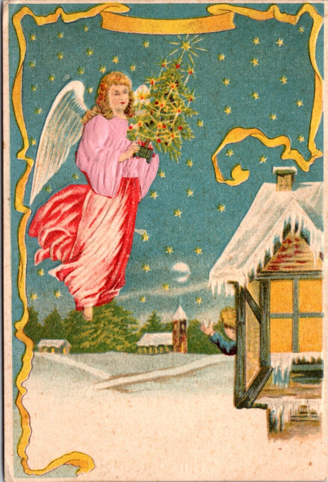 Silk Christmas Postcard Angel Flying Into House Window with Decorated Tree