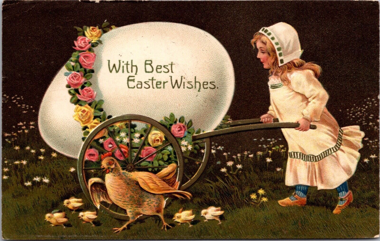 Easter Postcard Little Girl Pushing Wheelbarrow Cart with Rose Decorated Egg