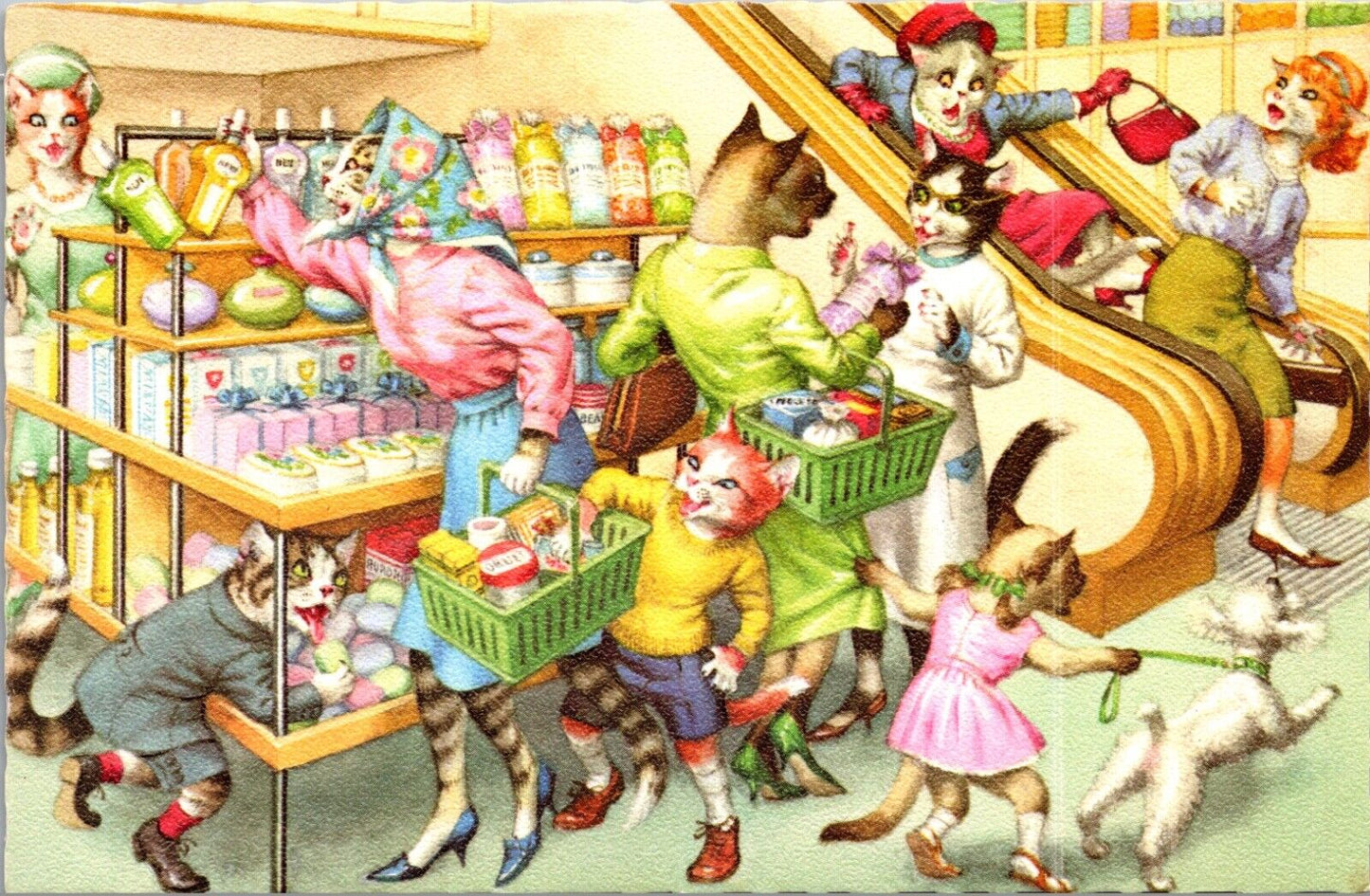 Alfred Mainzer Postcard Dressed Cats with Children Kittens Shopping Retail Store