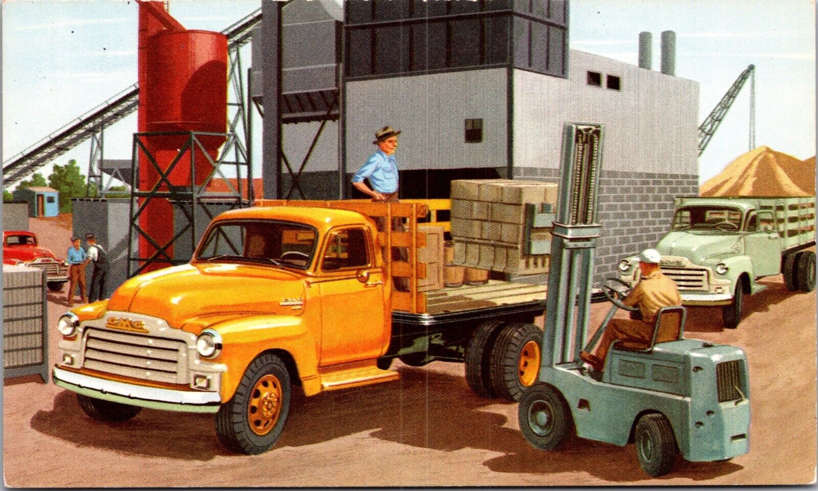 Advertising Postcard GMC Trucks Stake Construction Forklift Building