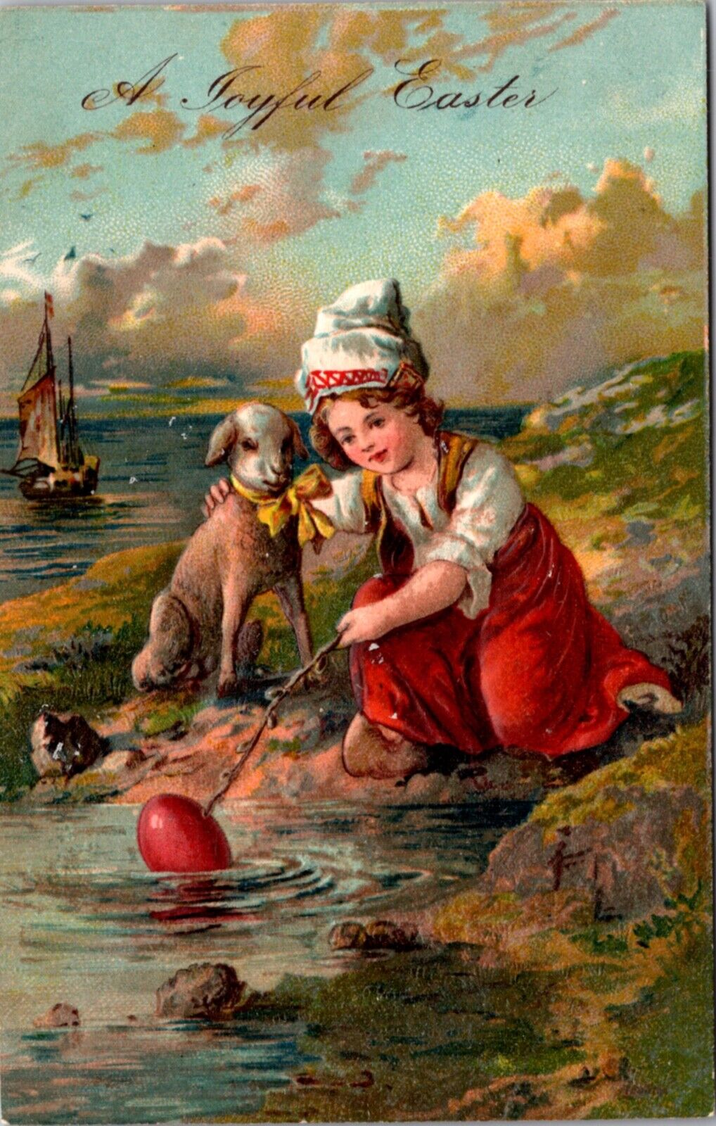 Easter Postcard Young Girl with a Lamb Fishing Colored Egg Out of The Ocean