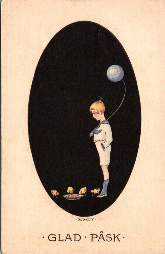 Easter Postcard Glad Pask Sailor Dressed Boy with Blue Balloon Chicks Eating