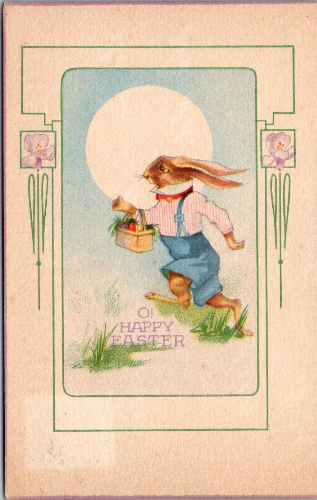 Easter Postcard Dressed Bunny Running with Basket of Colored Eggs