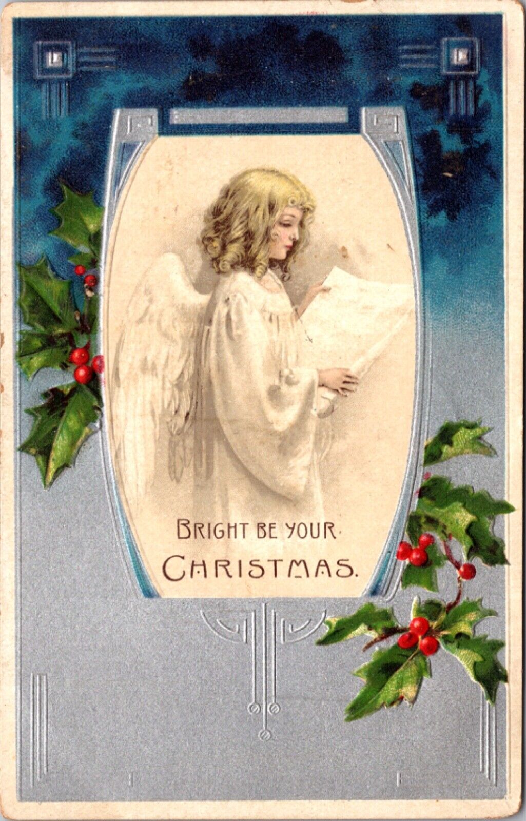 Christmas Postcard Beautiful Angel Girl Reading Piece of Paper