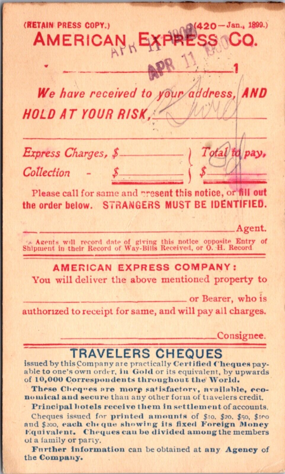 1899 Postcard American Express Company Deliver Property Travelers Cheques