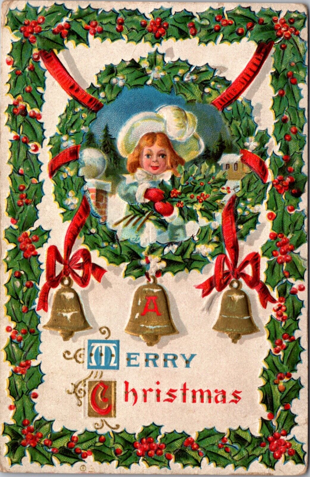 Christmas Postcard Holly Border Child Holding Bundle of Holly Gold Bells