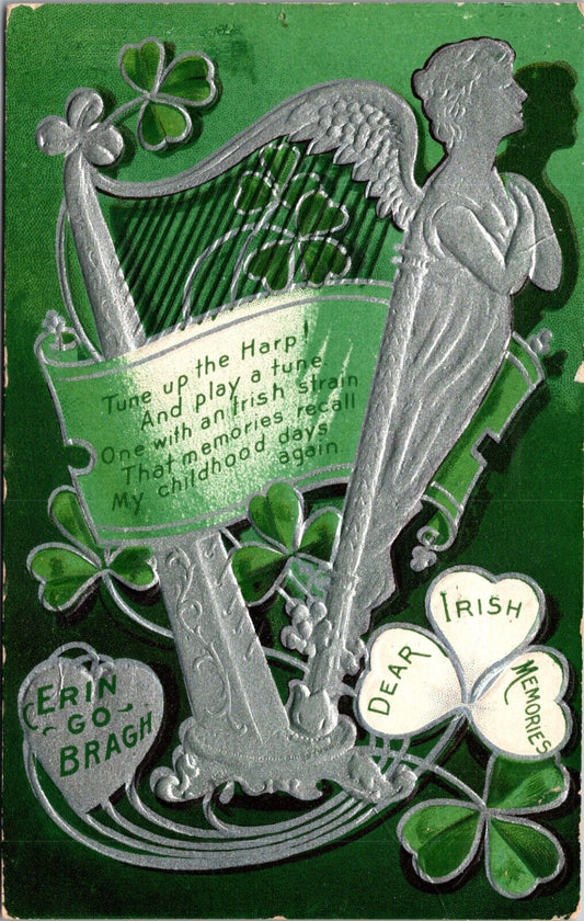 St. Patrick's Day Postcard Erin Go Bragh Shamrock Irish Harp