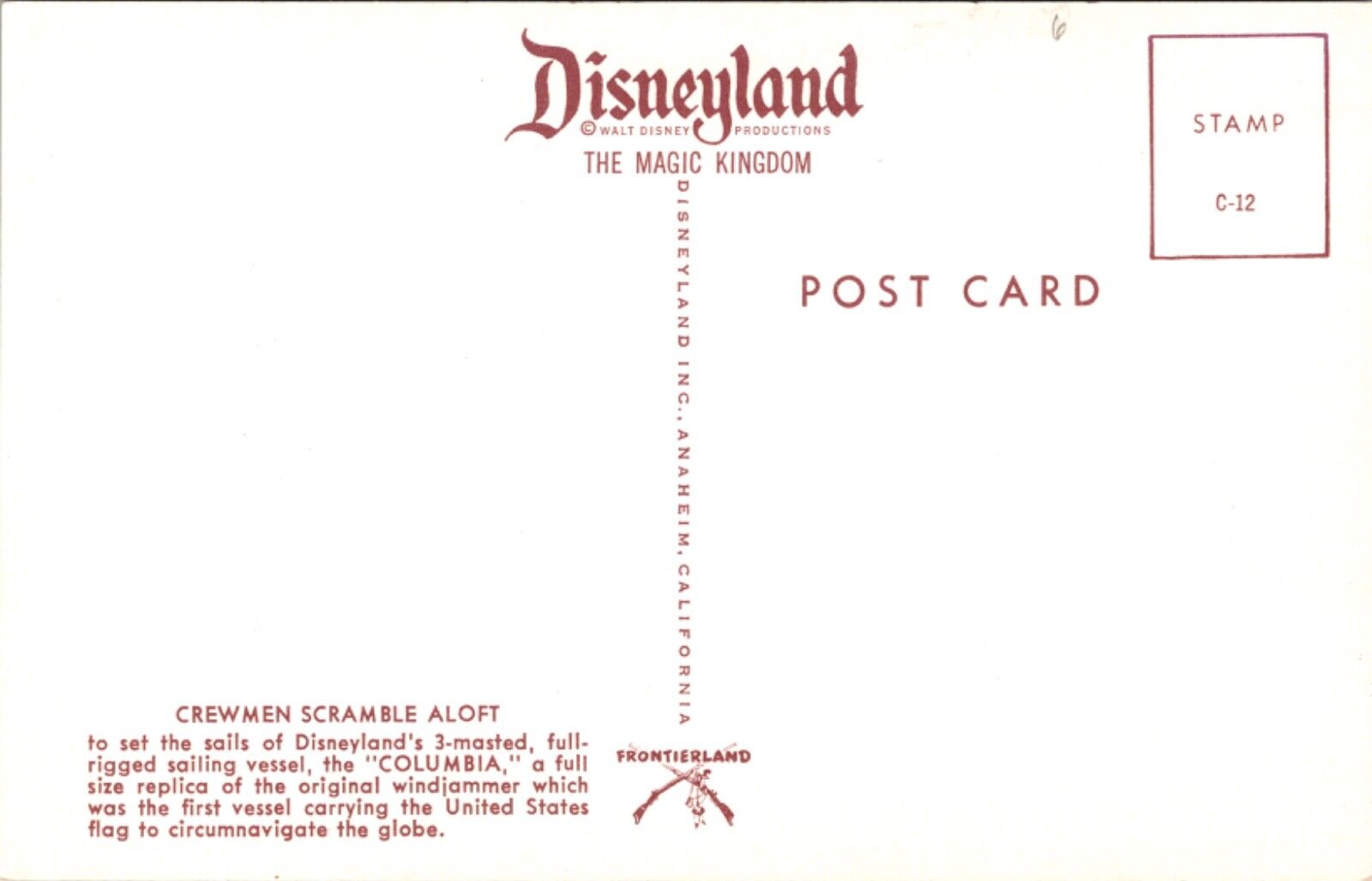 Disneyland Postcard Crewmen Scramble Aloft 3-Masted Sailing Vessel Columbia