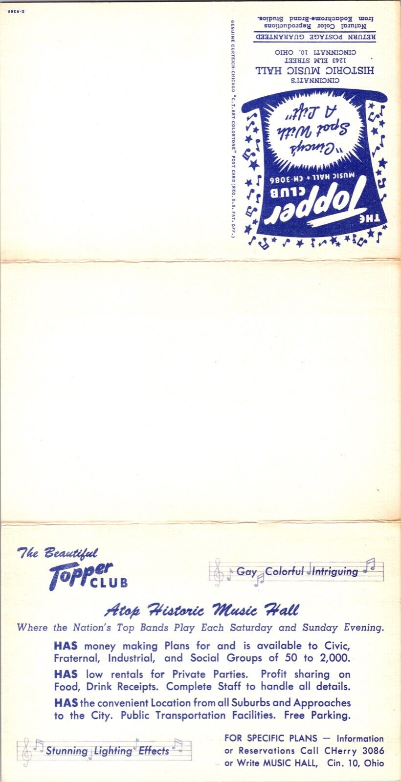 Tri-Fold Linen Postcard The Topper Club Music Hall in Cincinnati, Ohio~139054