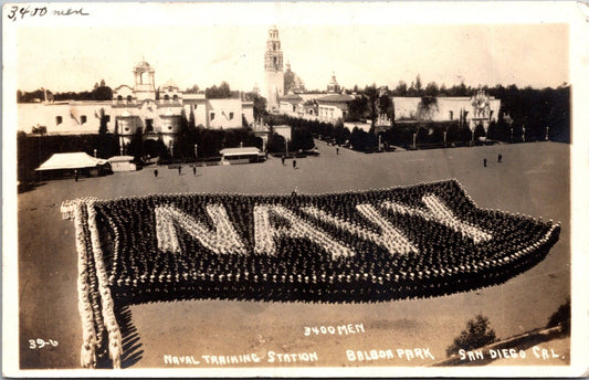 RPPC 3400 Men NAVY Flag Naval Training Station Balboa Park San Diego California