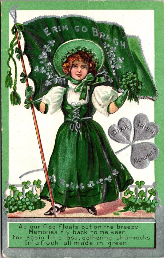 St. Patrick's Day PC Erin Go Bragg Irish Memories Shamrock Girl Holding Flag