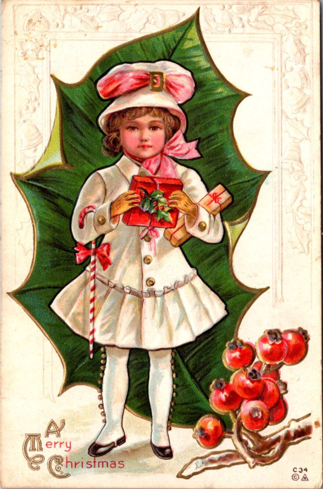 Christmas Young Girl Wearing White & Pink, Gifts, Giant Holly Leaf, Candy Cane