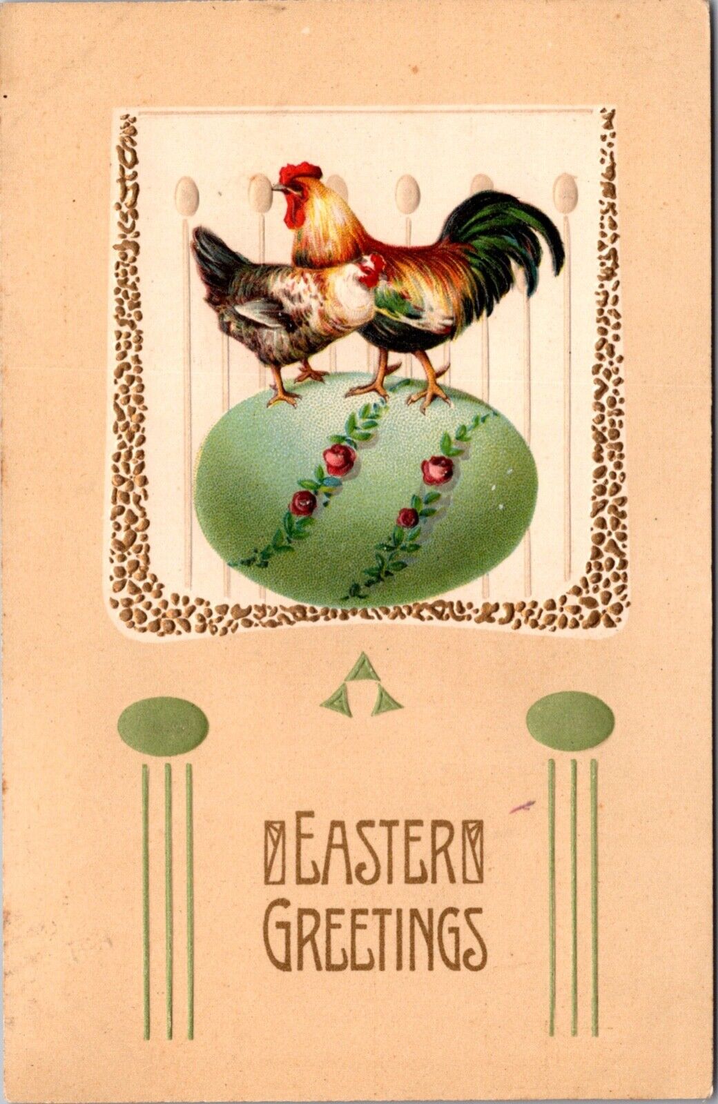 Six Embossed Easter Postcards Chicken and Roosters Standing on Colored Eggs